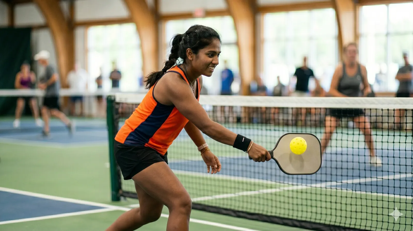 A player hitting a dink at the kitchen line during a pickleball session