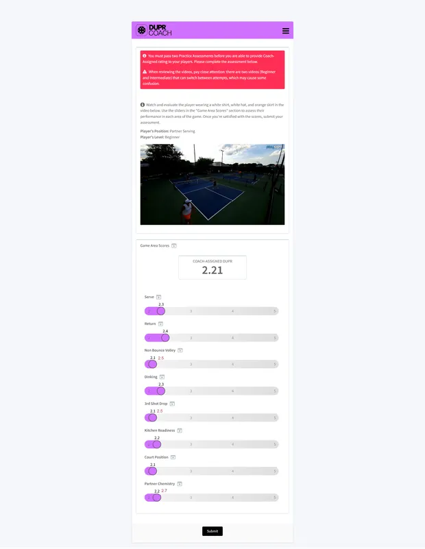 Sample My DUPR Coach scorecard — beginner result across 8 game areas