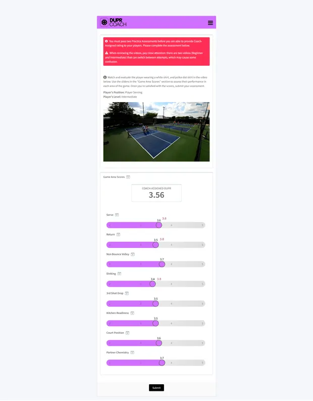 Sample My DUPR Coach scorecard — intermediate result across 8 game areas